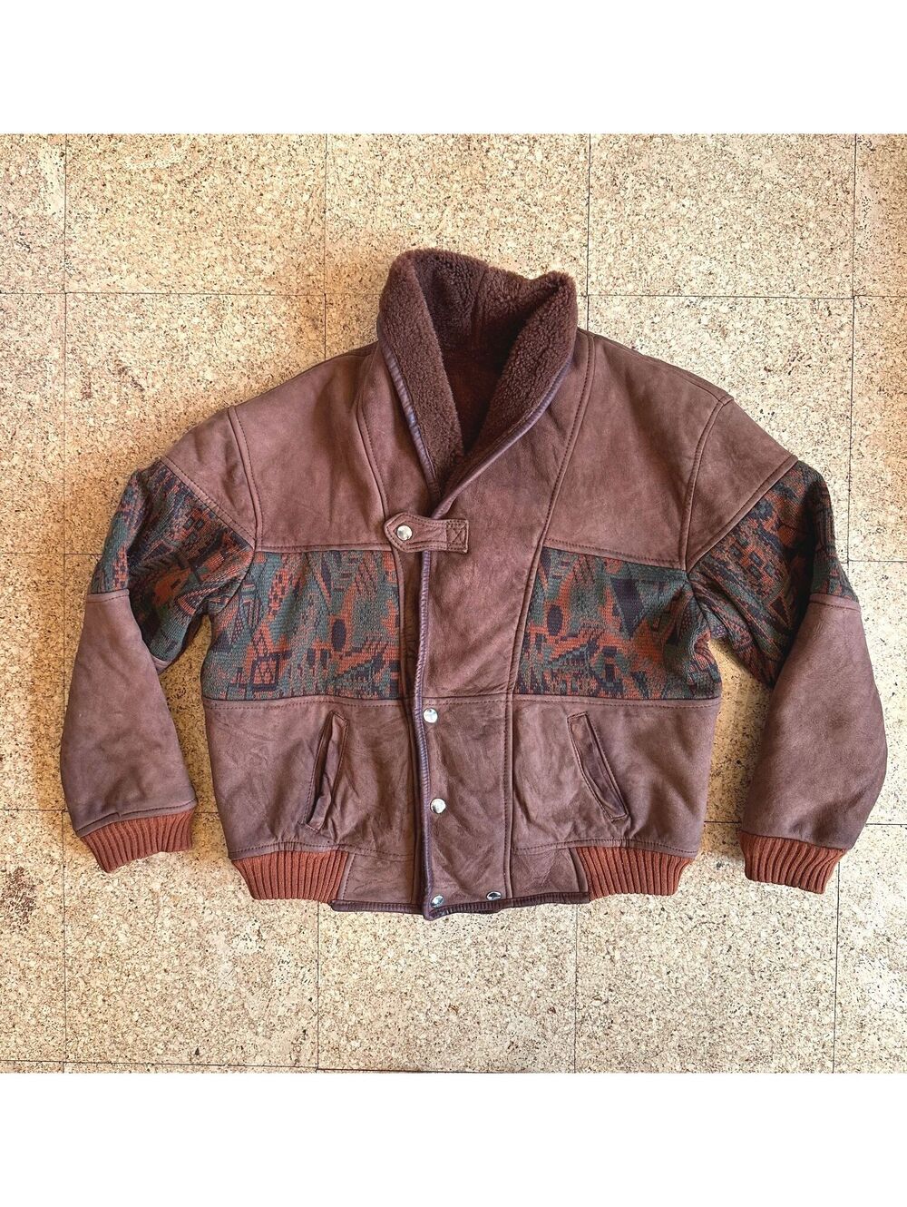 Vintage 80s Suede Bomber Jacket Large Southwestern Aztec Wool Sherpa Vera Pelle